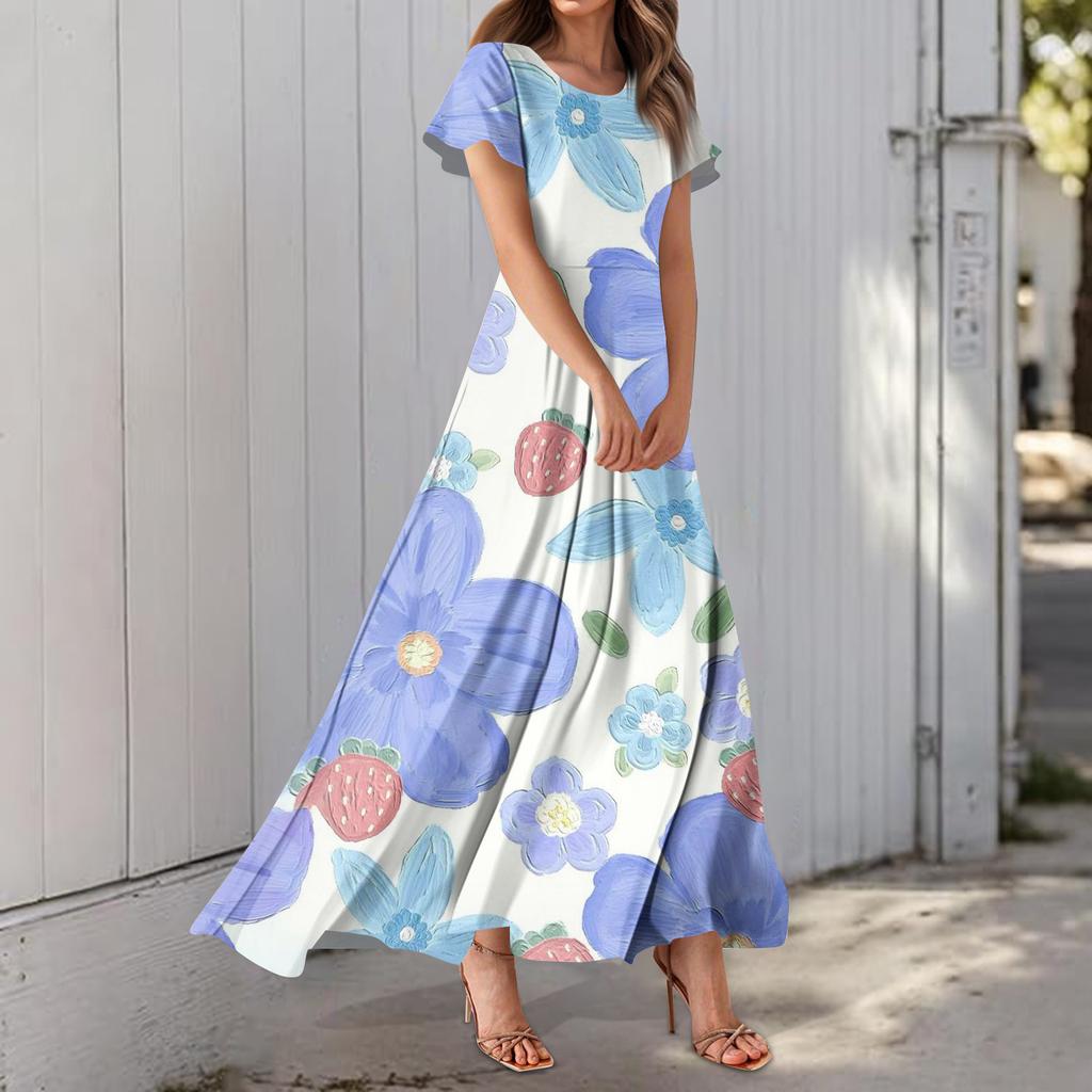 Women's Hawaiian Print Casual Round Neck Short Sleeve High Waist Dress