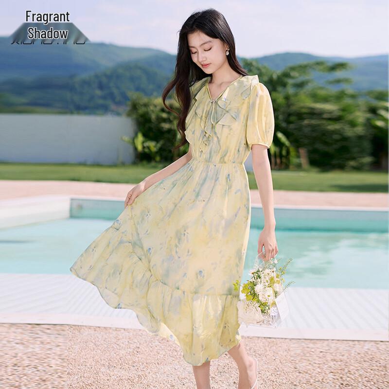 Xiangying Tie-Dye V-Neck Ruffle Chiffon Dress M