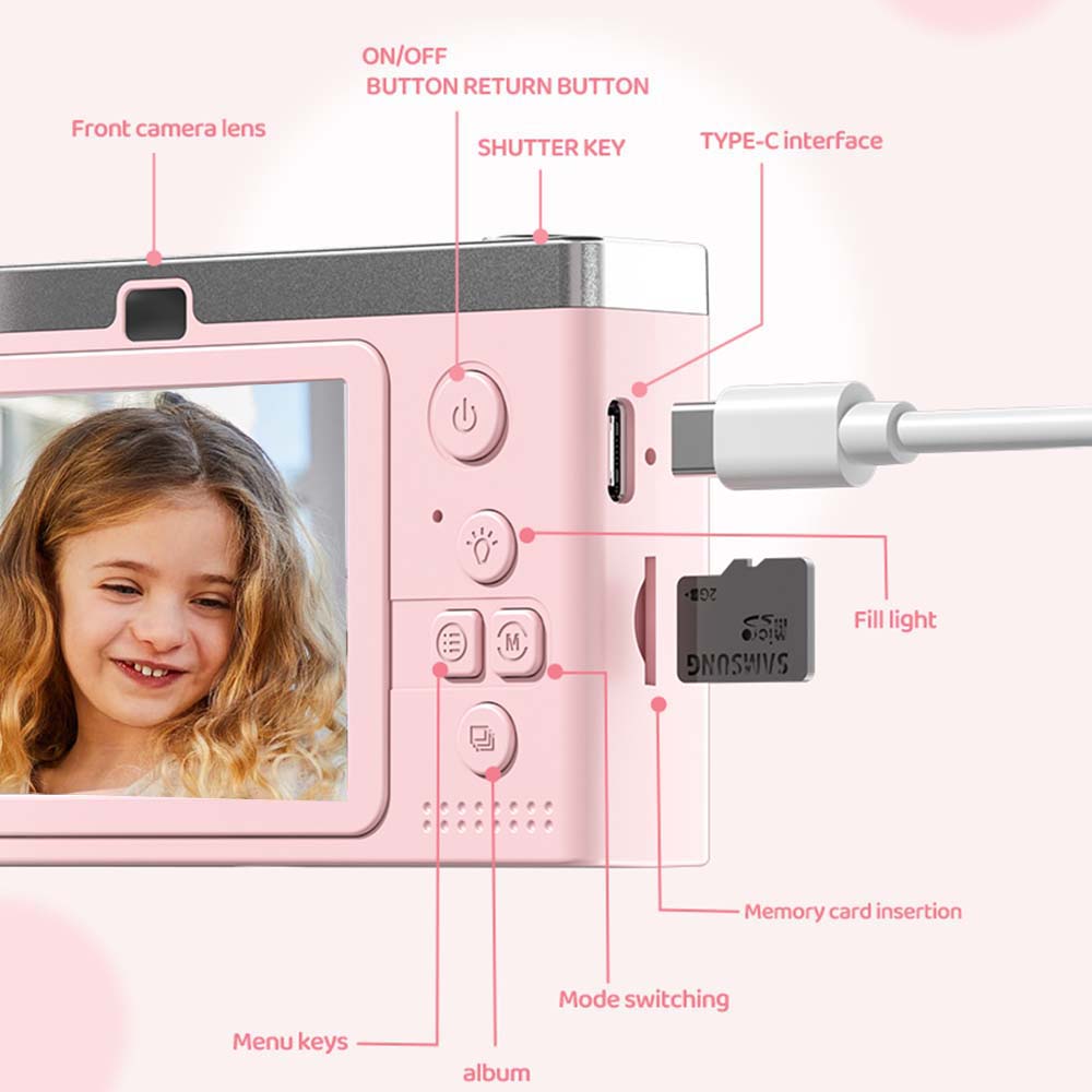 Cameră duală Camere de jucărie pentru copii Lumină de umplere inel pentru copii Camera digitală 1080P Înregistrare video cu card 64G Fată băiat Cadou de aniversare