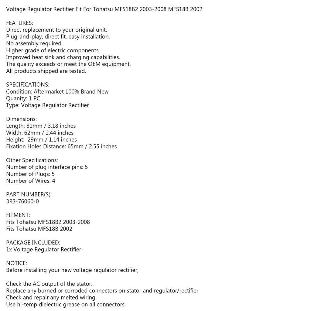 Voltage Regulator Rectifier for Tohatsu MFS18B2 MFS18B 2002-2008 3R3-76060-0