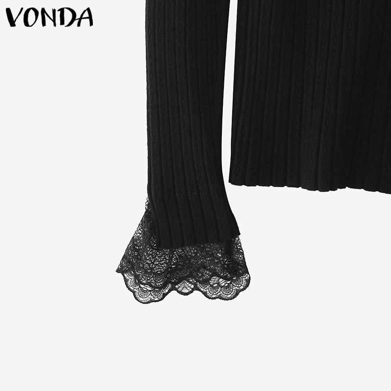 VONDA Autumn Women Turtleneck Long Sleeve Lace Hem Stretch Casual Knitted Sweater Undershirts