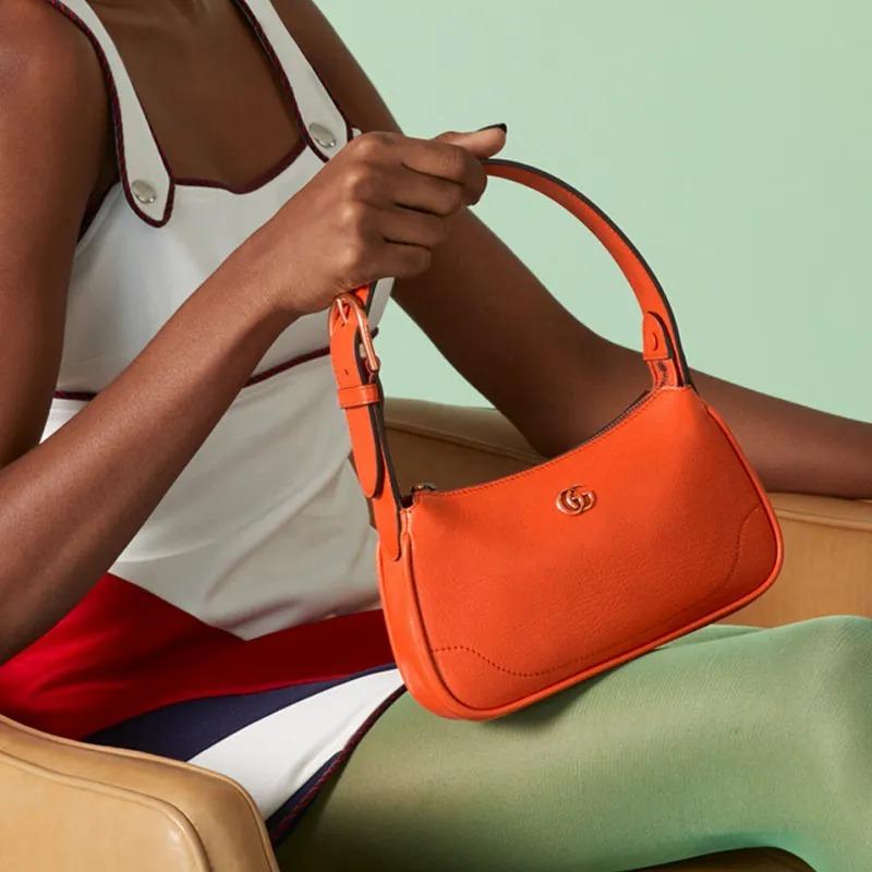 Gucci Aphrodite Gold-Finish Doppel-G-Logo Reißverschluss Leder Achseltasche Tragetasche Schultertasche Damen Orange