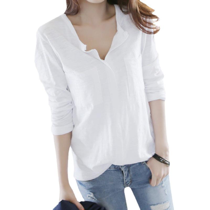 Women's V-Neck Long-Sleeve Bamboo Cotton Pocket Tee - Autumn Collection, Loose Fit, Solid Color