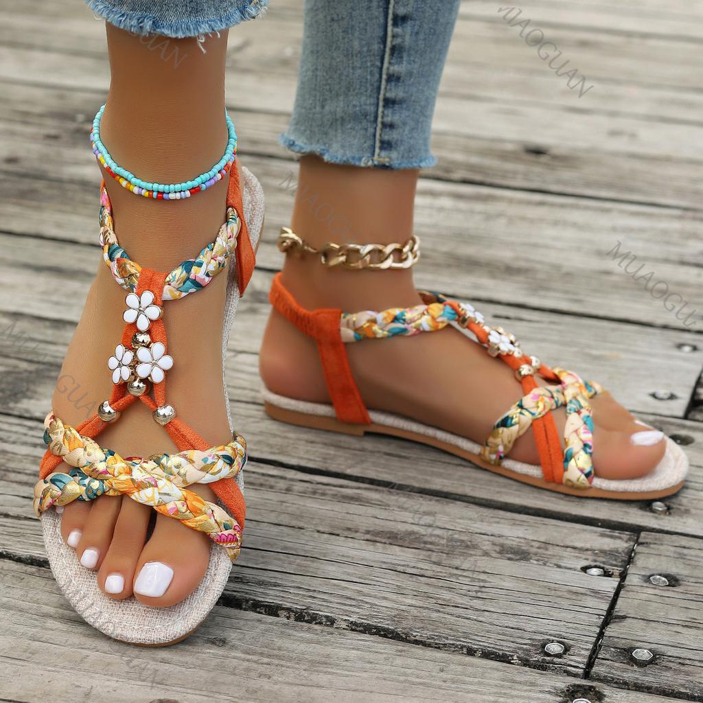 Ethnic style Large Size Beach Sandals Women Summer Round Head Comfort Fish Mouth Shoes Anti-slip Rubber Sole Flats