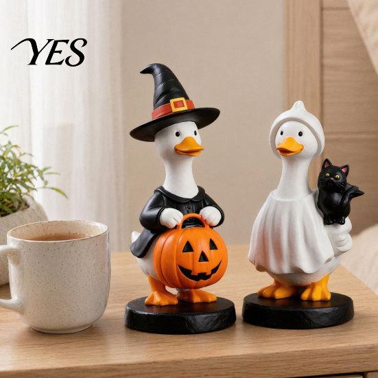 Windowsill Resin Statue Halloween Goose Figurine, Witch Hat Ornament, Cute Figurine Ghost for Tabletop Mantel Shelf Holiday Decoration Detailed