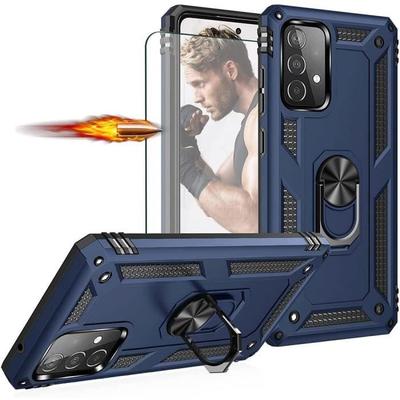 Case for Samsung A52 5G + Tempered Glass - Sturdy Stand Ring Reinforced Edge Rigid Metal Plate - Navy Blue