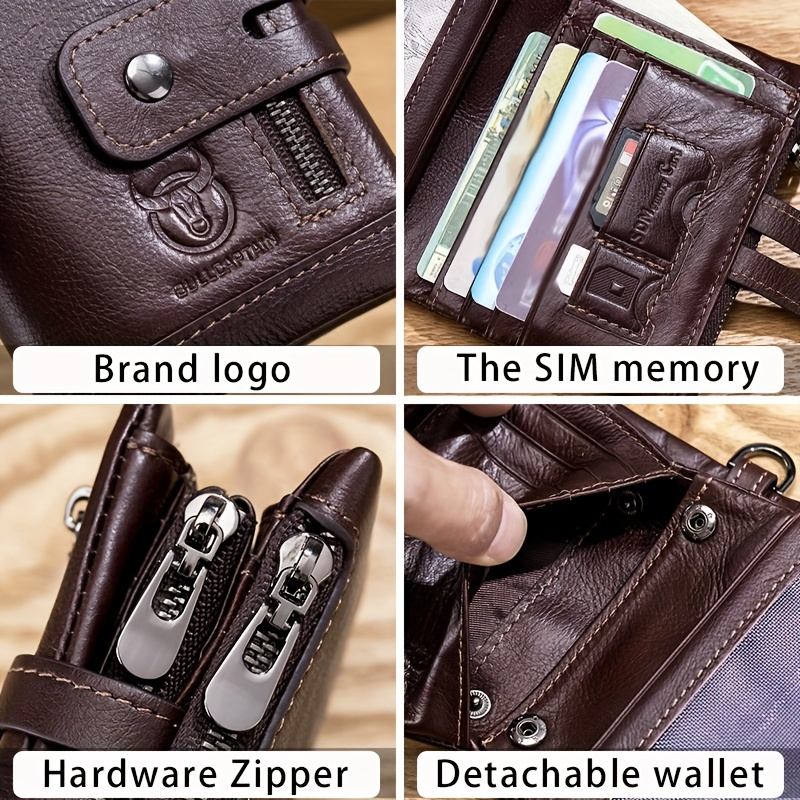 Genuine Leather Men's Wallet Large Capacity RFID Blocking Wallet Casual Retro Multifunctional Card Bag With Anti-Lost Chain