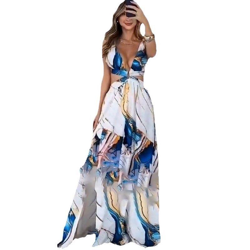 European and American Sexy Dresses for Women Beach Sling Deep V Sexy Seaside Long Dress Deep V Sexy Long Dress