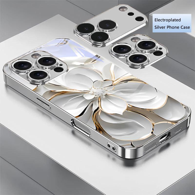 Edge White Flower Electroplated Silver Phone Case For iPhone 17Air 17 16 15 14 13 12 11 Pro Max Plus 16E XR 7 8 X Xr Glass Cover