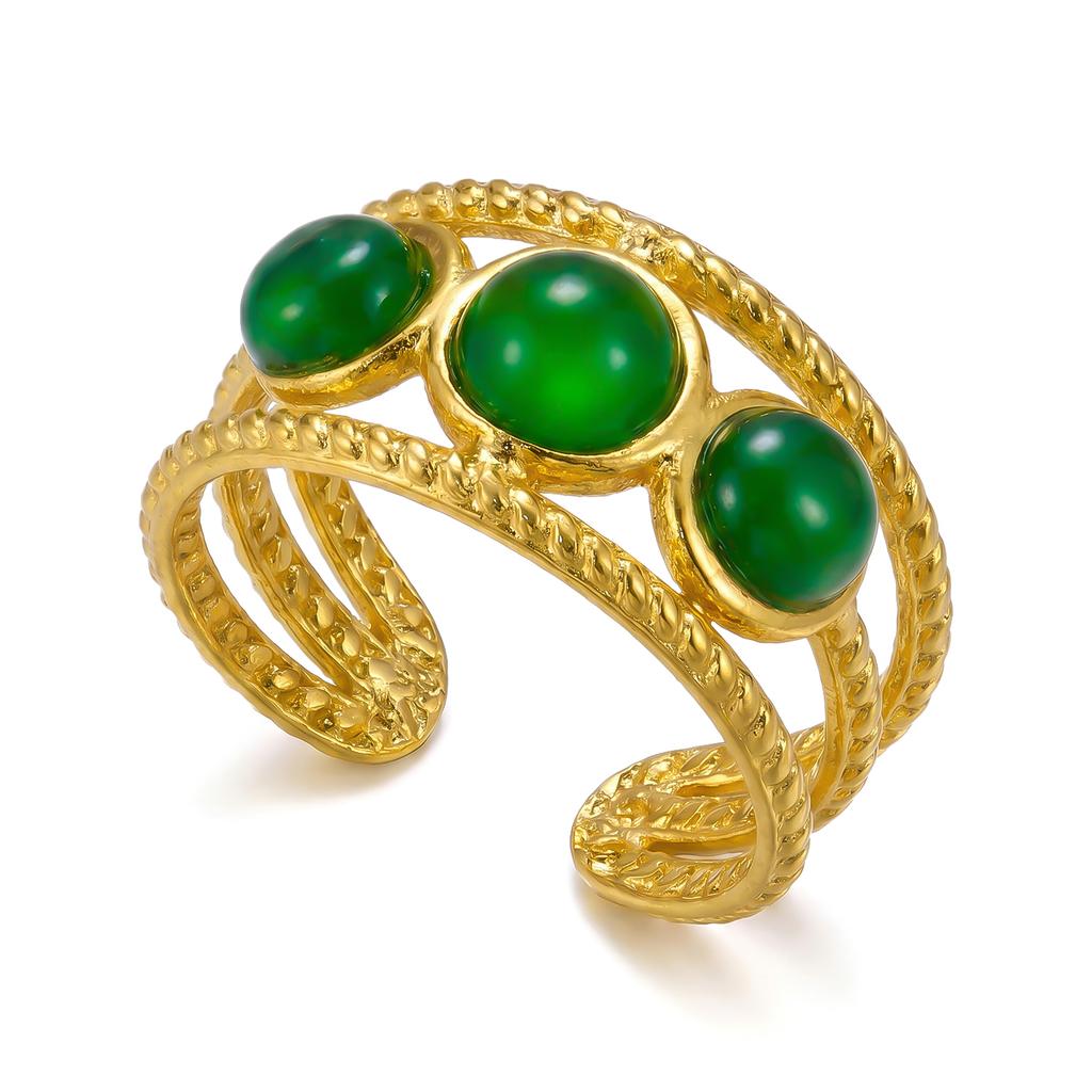 Vintage Multilayer Green Stone Ring for Women Delicate Adjustable Stainless Steel Gold Plated Finger Jewelry Party Gift