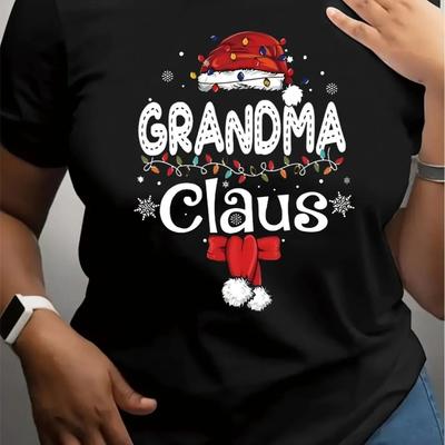 1 stuks Kerst Oma Claus T-shirt voor Dames - Ronde Hals Casual Top met Feestelijke Print, Korte Mouw Gebreide Stof, Het Hele Jaar Comfortabel