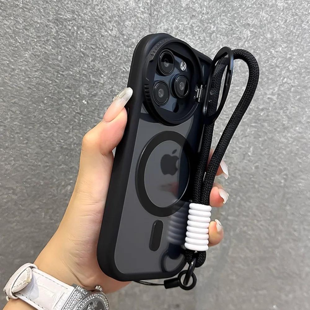 Wrist Strap Magnetic Lens Holder Acrylic Clear Phone Case for IPhone 16 15 Plus 14 13 12 11 Pro Max Shockproof Soft Edge Cover