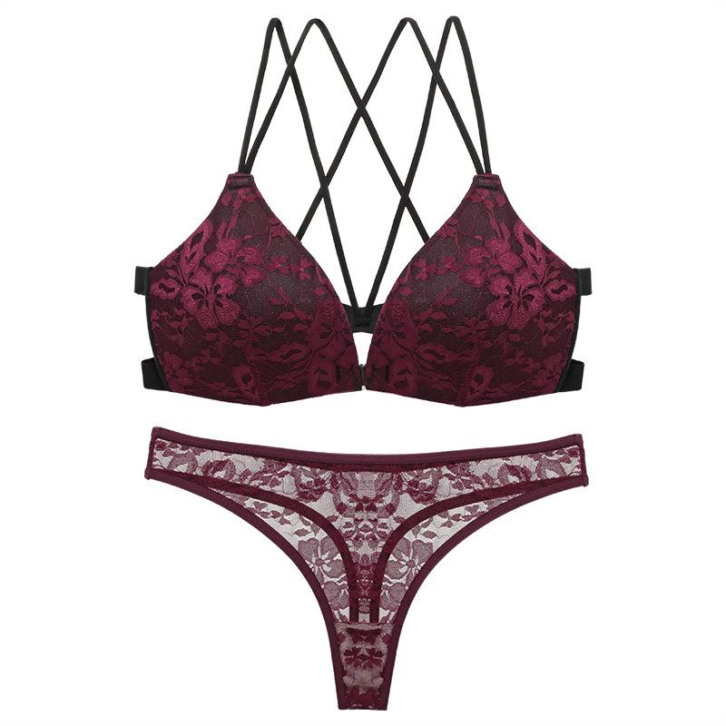 

Ladies Spring and Summer Sexy Lace Big Halter Front Buckle Underwear Suit 85B бордовий