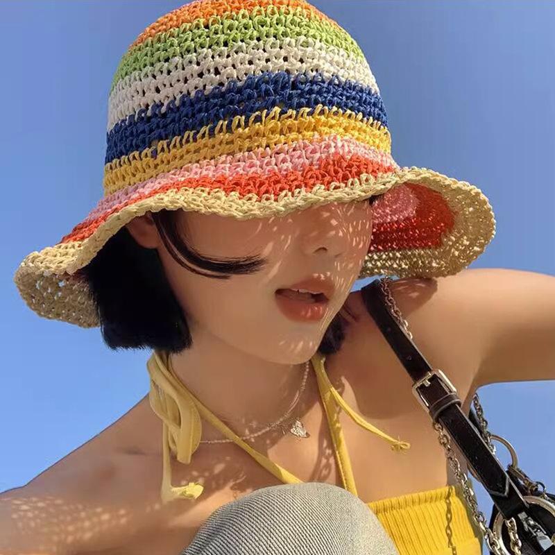 Women's Spring and Summer Korean Style Fashionable Colorful Pure Hand Crocheted Woven Fisherman Hat Vacation Foldable Sun Protection Sunshade Hat
