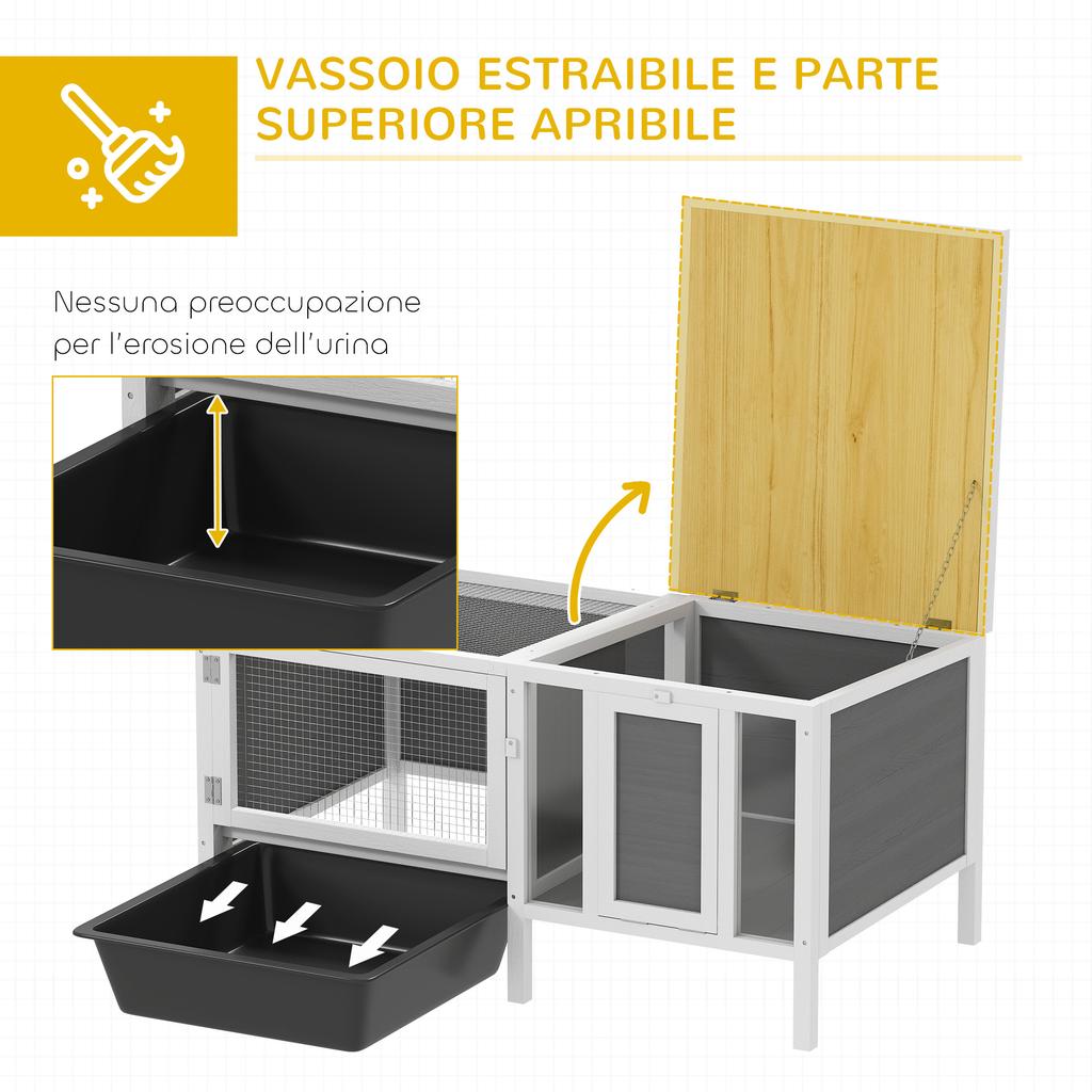Outdoor Rabbit Hutch with House, Running Area and Tray, Made of Wood, Metal and PET, 105x57.5x51.5 cm, Grey