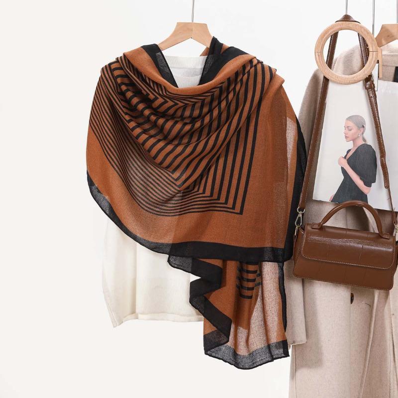 New cotton and linen feel simple color matching letter O scarf fashion travel sunscreen yarn