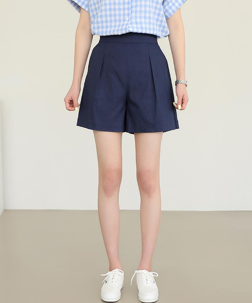 Ppaeppae Back Elastic Pintuck Linen Knee-Length Shorts