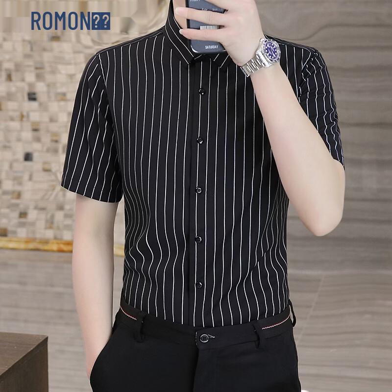 ROMON Men s Striped Bamboo Fiber Blend Short Sleeve Shirt 2XL