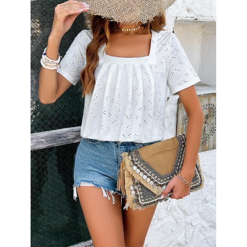Ladies Temperament Casual Solid Color Square Neck Hollow Short Sleeved T-shirt Top