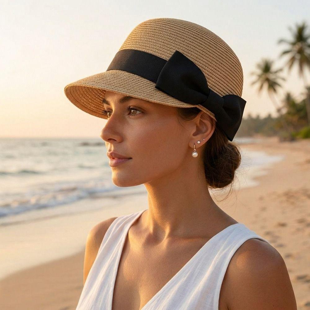 Woven Bow Straw Hat Sunshade Summer Hat Sun Cap Sunscreen Hat  Seaside Vacation