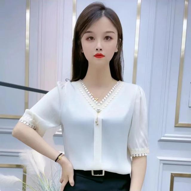 Top la modă cu mâneci scurte de vară, cu cusături din dantelă, cămașă cu fundul de culoare solidă, pulovere cu decolteu în V, bluză M-4XL