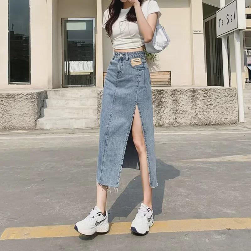 High-Waisted Blue Denim A-Line Skirt with Side Slit for Women - Autumn/Winter 2023
