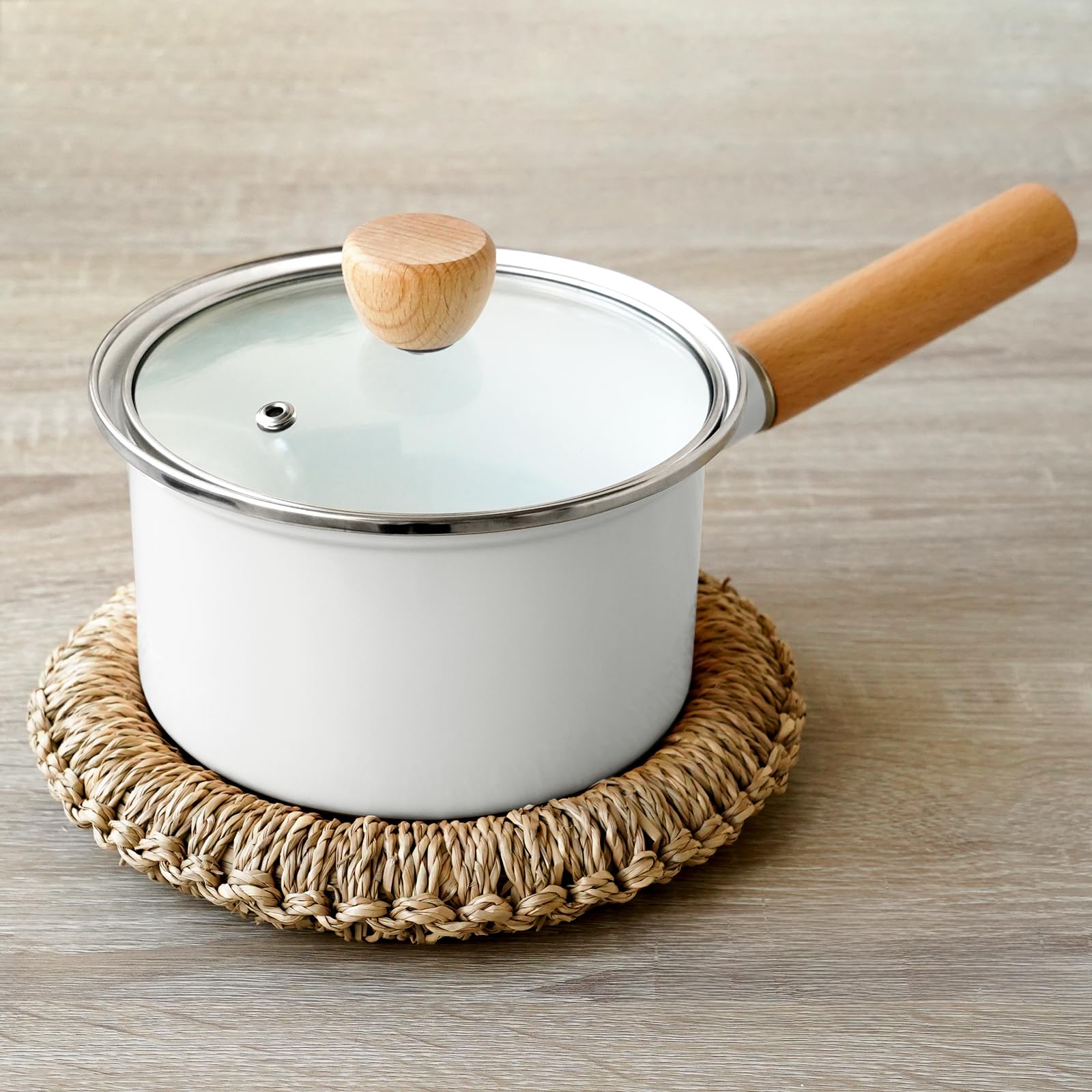 

atRise 15cm Enamel Milk Pan Ideal for Making Baby Food and Miso Gas and Induction Easy to Pot (See-Through Design, Soup) - Compatible, Clean, белый