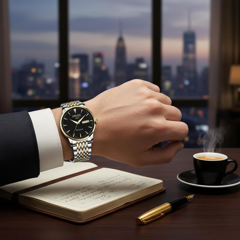 Men's Luminous Watch Large Dial Dual Calendar Automatic Movement Wristwatch for Business