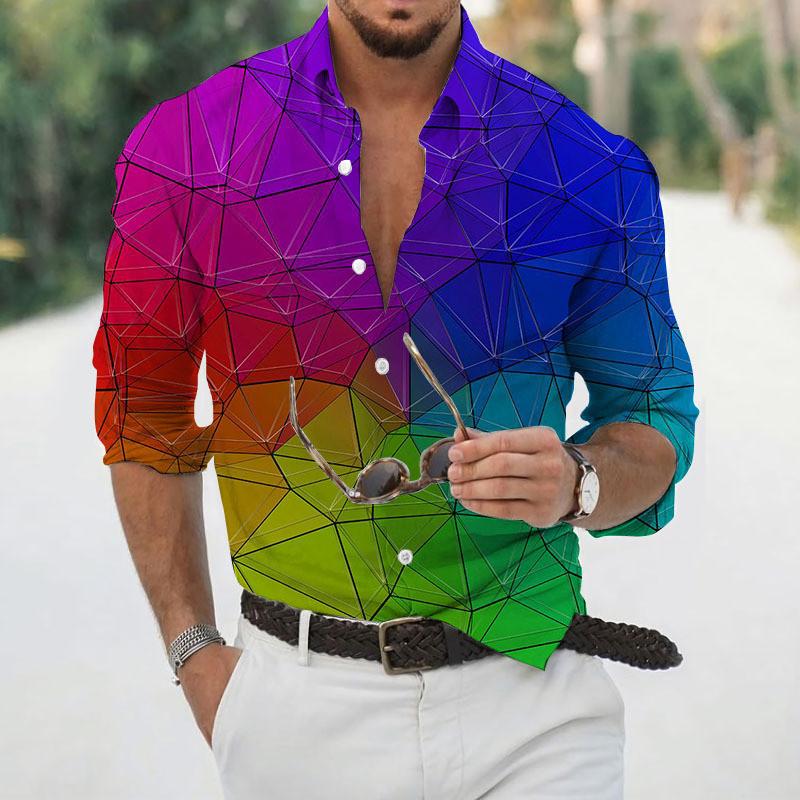 Men Fashion Button‑Up Shirt Abstract Polygon Art Print Long Sleeve Turn‑down Collar Casual Top Wear