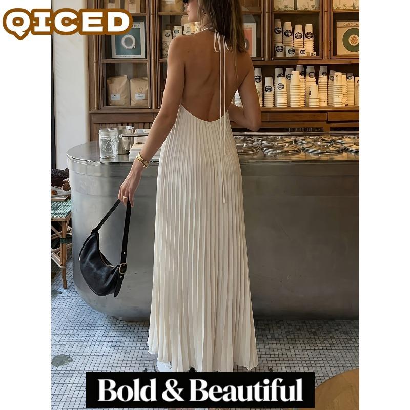 QICED Women's Fashion Summer Spring Solid Color Print Sleeveless Casual Dresses