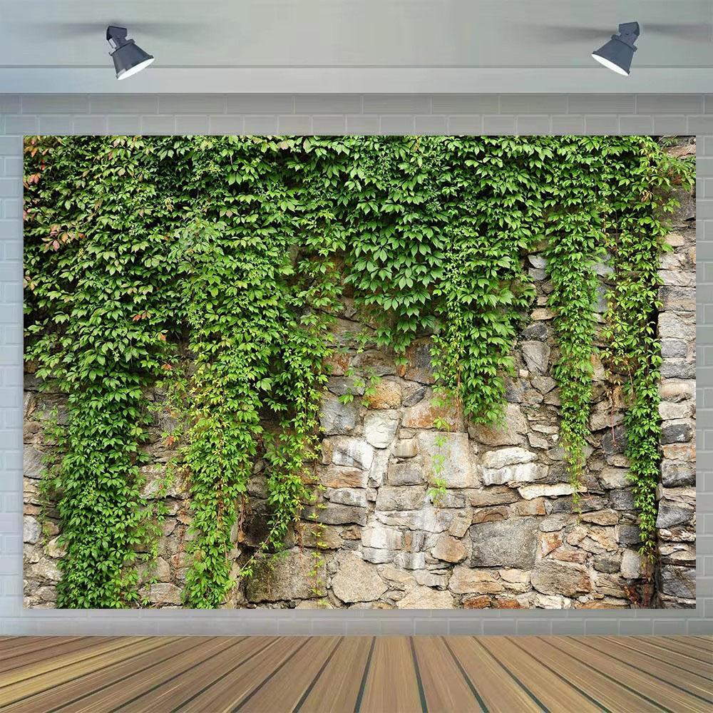 Green Leaves Brick Stone Wall Backdrop Vine Spring Garden Nature Greenery Banner Background Wedding Birthday Party Decoration