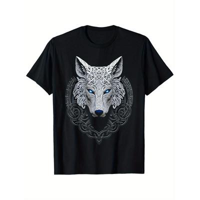 Men'S Relaxed Fit T-Shirt Featuring a Detailed Wolf And Celtic Knot Graphic, a Black Casual Tee Suitable for Year-Round Use, Available In Sizes S To