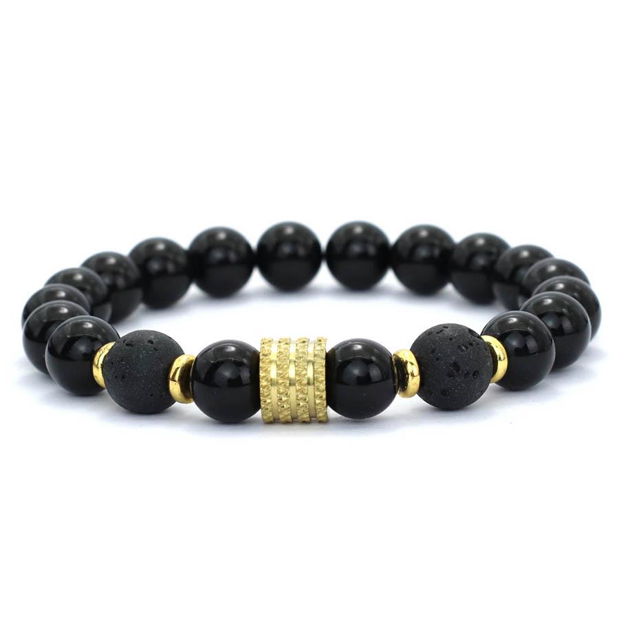 

Stylish 10mm Obsidian Stone Energy Bracelet For Men Gold Color Stainless Steel Charm Strand Braslet Hematite Healing Braclet лавовый
