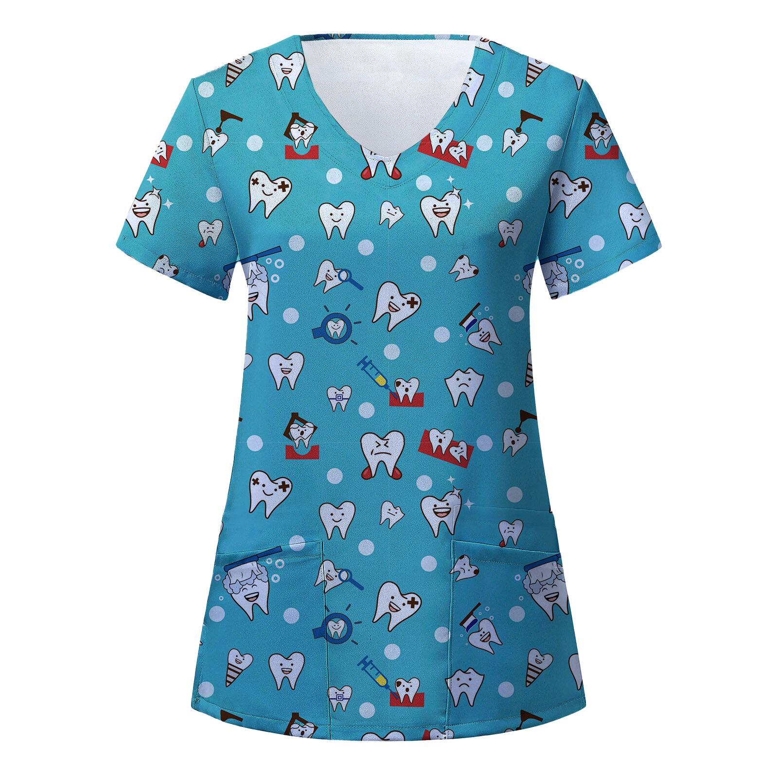 

Heart Print V Neck Scrub Top T-shirt, Casual Short Sleeve Patch Pockets Women s Medical Nurse Uniform, Women s Work Wear S