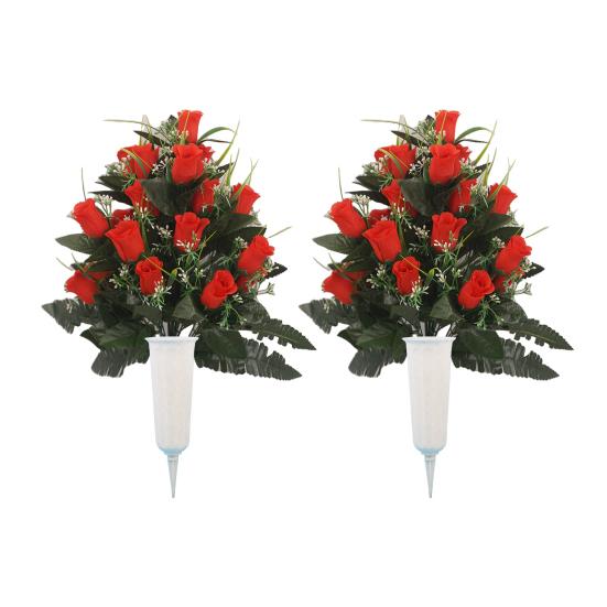 2 Stück künstliche Friedhofsblumen für den Außenbereich Grabstein Kunstrose mit Vase Friedhof Gedenkstrauß für Friedhofsgrabsteine Dekoration