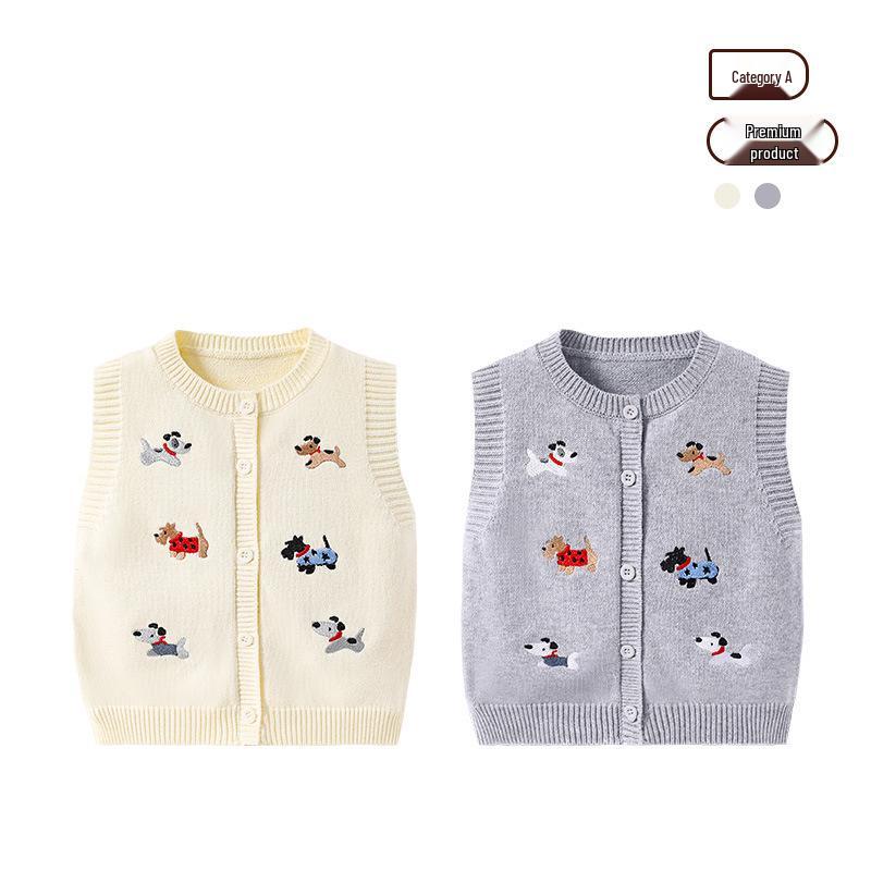 Dziecięcy jesienno-zimowy kardigan dzianinowy z motywem szczeniaka - Bezrękawnik unisex w jednolitym kolorze bawełniany szal sweter