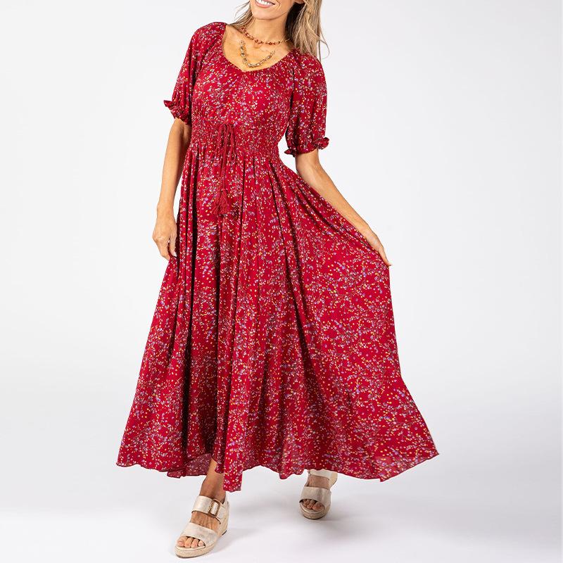 2026 women s spring new, Amazon cross-border Europe and the United States, elegant temperament printed waist bubble sleeve dress S красный