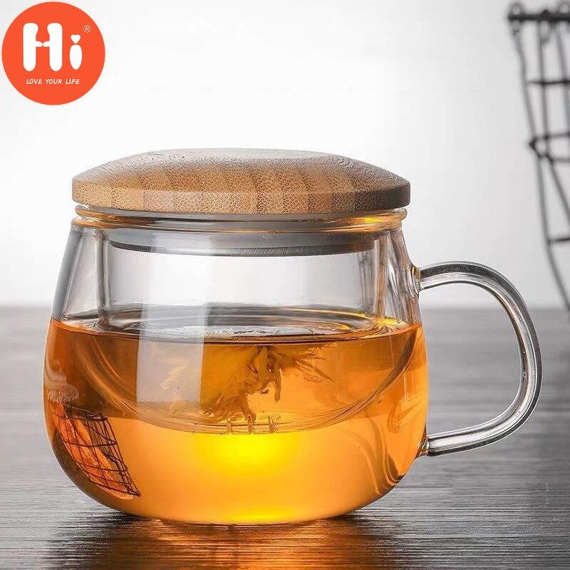 Hi Creative Glass Tea Infuser Cup With Transparent Filter Handle Bamboo Lid Heat-resistant Flower Teacup Office Tea Mug Drinkware