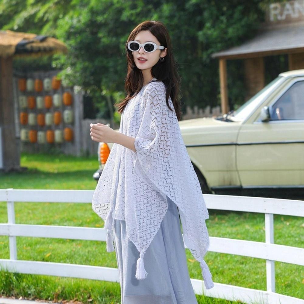 Elegant Sunscreen Crochet Cardigan Colorful Beach Scarf Ethnic Style Tassel Shawl  Spring Summer