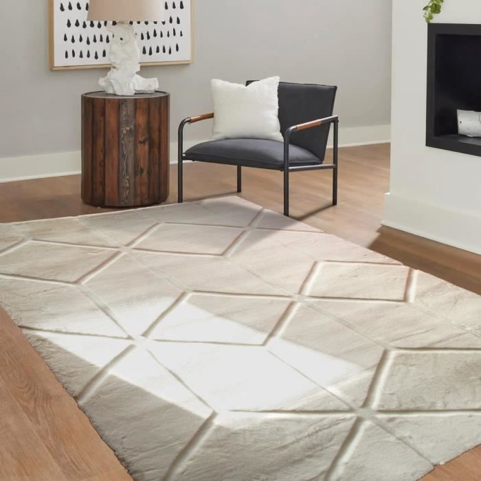 Tapis salon à relief cubes extra-doux blanc 160x230