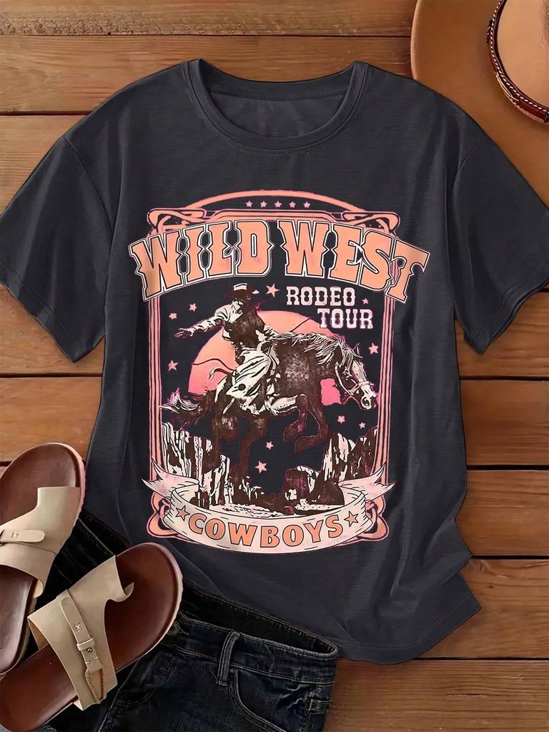 Wild West Cowboys Printing Women TShirt Casual Loose Crewneck Short Sleeve Tops Fashion Breathable Tees Summer Street Clothes