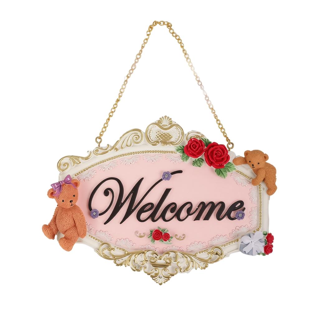 Decorative Hanging Welcome Sign Wall Plaque with Floral and Teddy Bear Accents for Home Entryway and Business Use Hanging Ornament