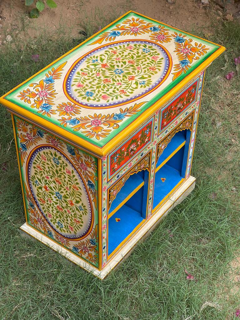 Wood Painted Bedside,Handicrafted Indian Drawer Desk Cupboard Cabinet Storage Bedroom Decor Furniture,Nightstand Sideboard Nightstand Table