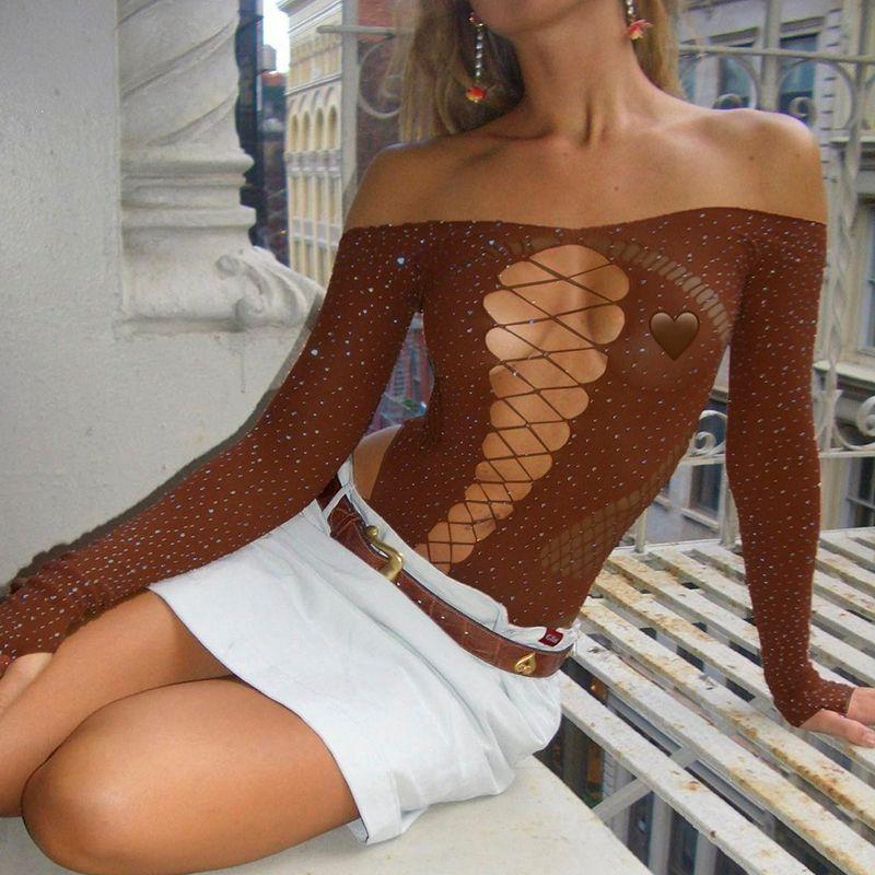 

Kkx Millennium Sexy Style Cut Out Rhinestone off-Shoulder Long Sleeves Tops Y2g Sexy Silm Slimming Inner Jumpsuit Brown One size