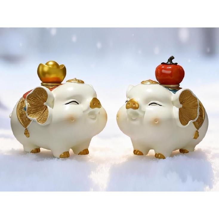 Aris & Juno A Pair of Lucky Pig Figurine - Resin Fortune Pig Statues with Golden Accents for Home Decor & Good Luck