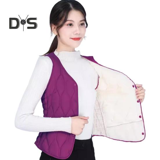 Wintermantel für Damen, Lagenlook, dünn, gepolstert, Knopfverschluss, V-Ausschnitt, ärmellos, einfarbig, winddicht, wärmespeichernd, Outdoor-Daunenmantel