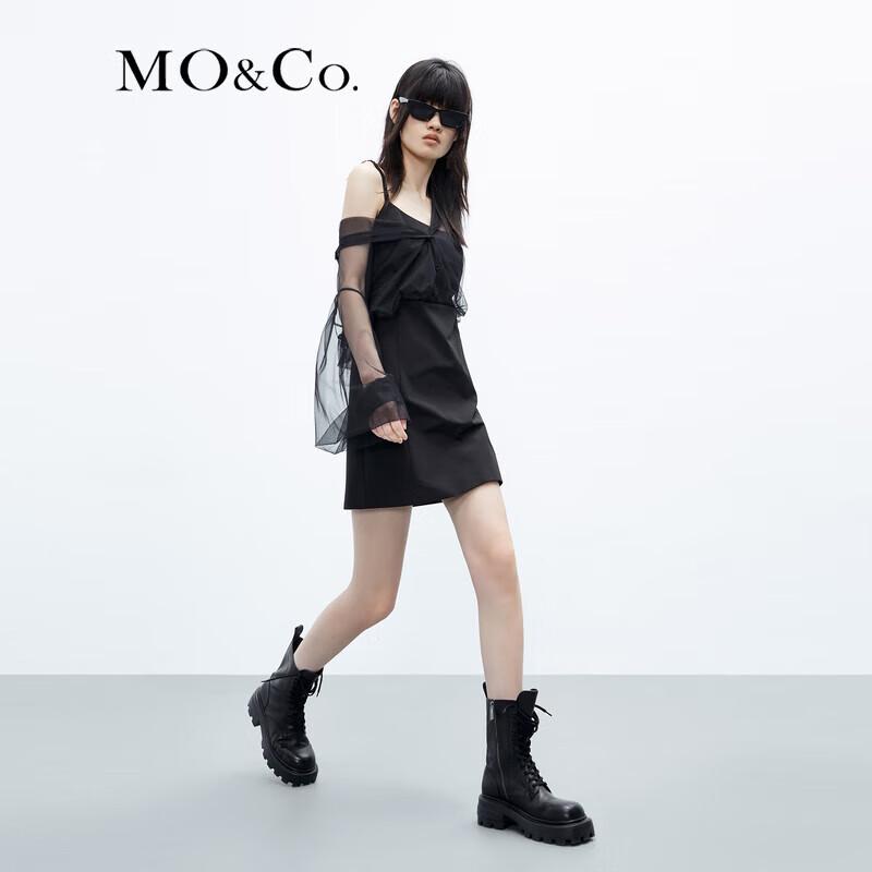 MO&Co. Women's Sheer Spliced Shirt Collar Black Dress