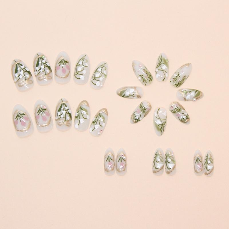 Medium Almond Press On Nail Set 24Pcs Flower Stick on Nail Floral Artificial Nail with Rhinestones and Pearls False Nail