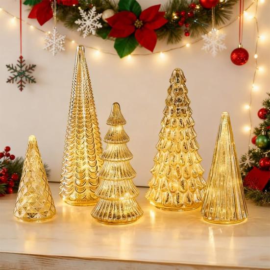 5 Pcs Illuminated Glass Christmas Tree Light Up Glass Tree Figurines