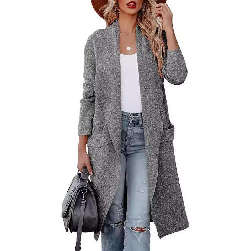 Women's Lapel Long Sleeve Open Front Cardigan Loose Fit British Style Long Knit Coat